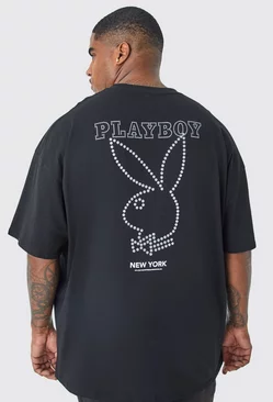 Plus Oversized Playboy Rhinestone License T-shirt Black