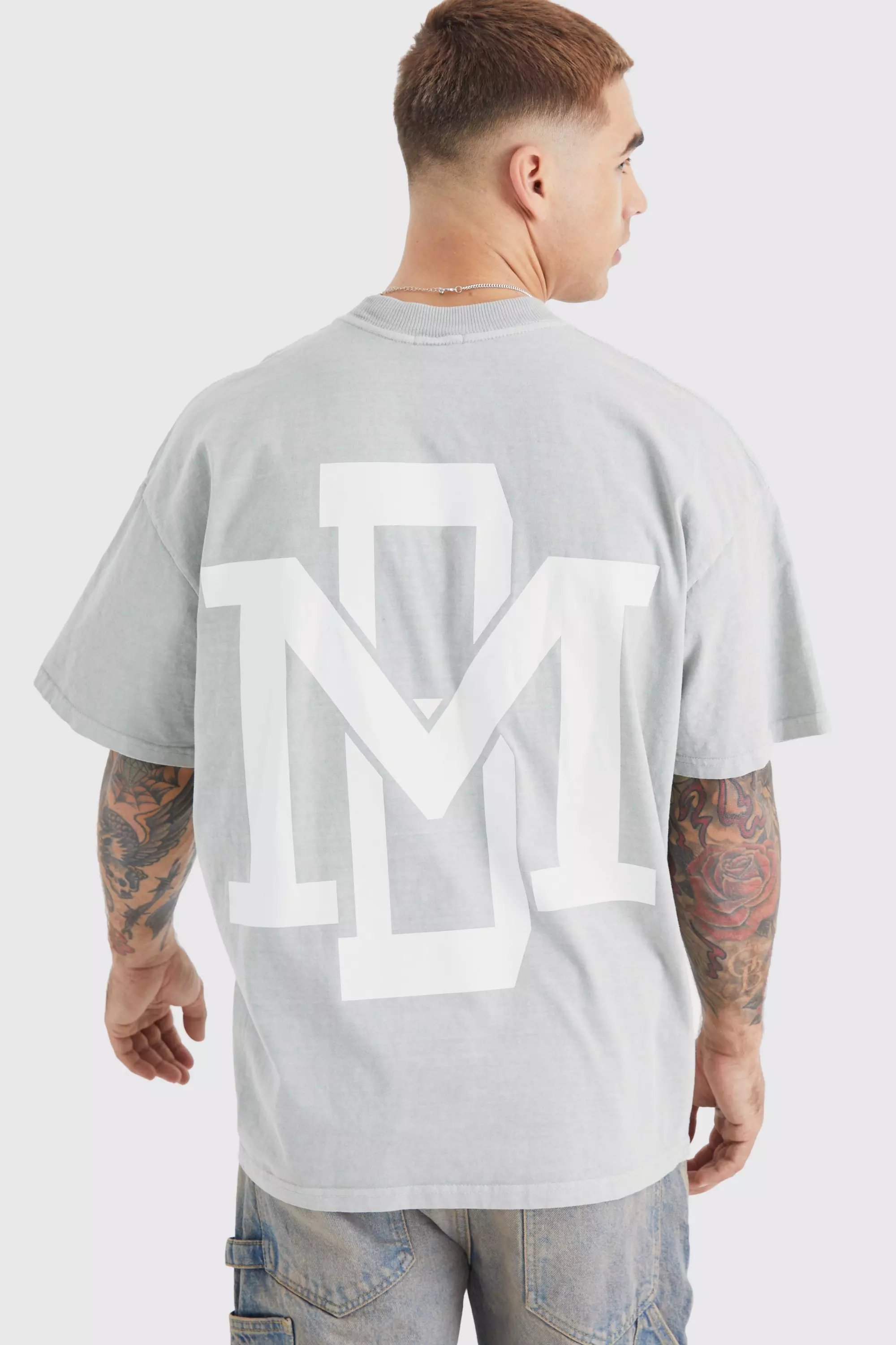 Oversized Extended Neck Overdyed Graphic T-shirt Stone