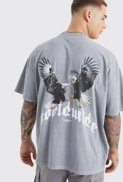 Oversized Extended Neck Eagle Graphic T-shirt Grey