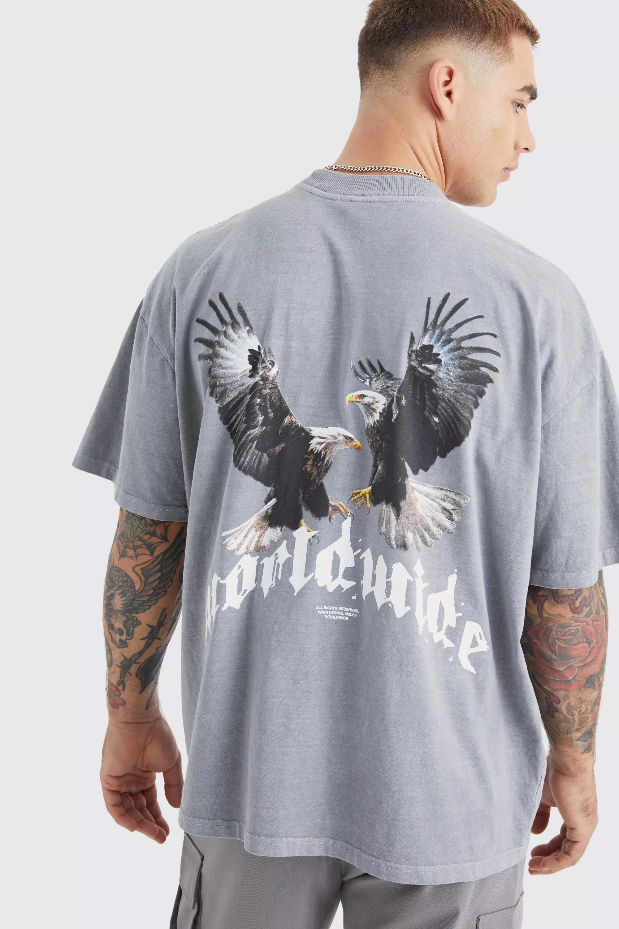 Oversized Extended Neck Eagle Graphic T-shirt Grey