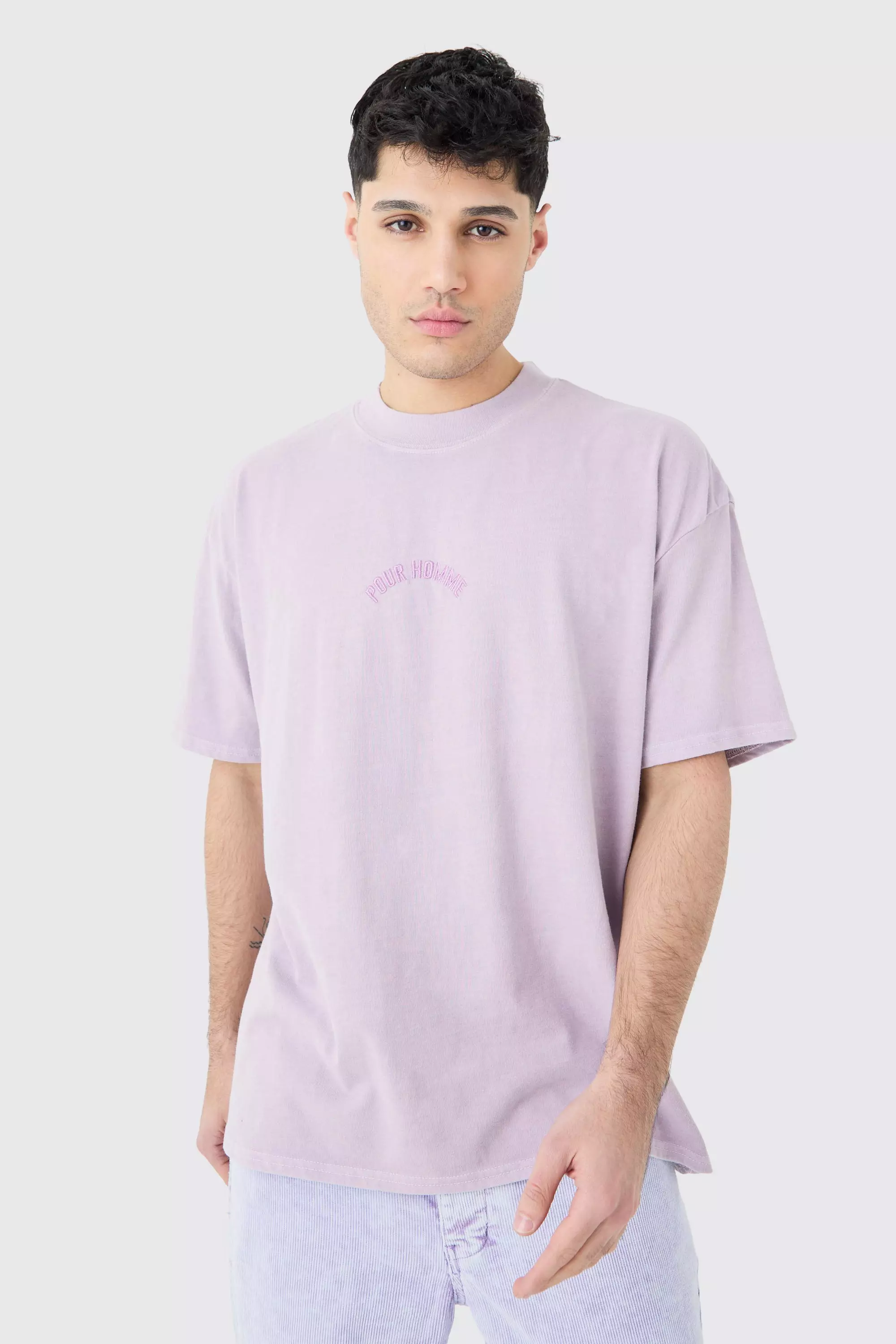 Oversized Distressed Washed Embroidered T-shirt Lilac