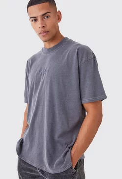 Oversized Distressed Washed Embroidered T-shirt Grey
