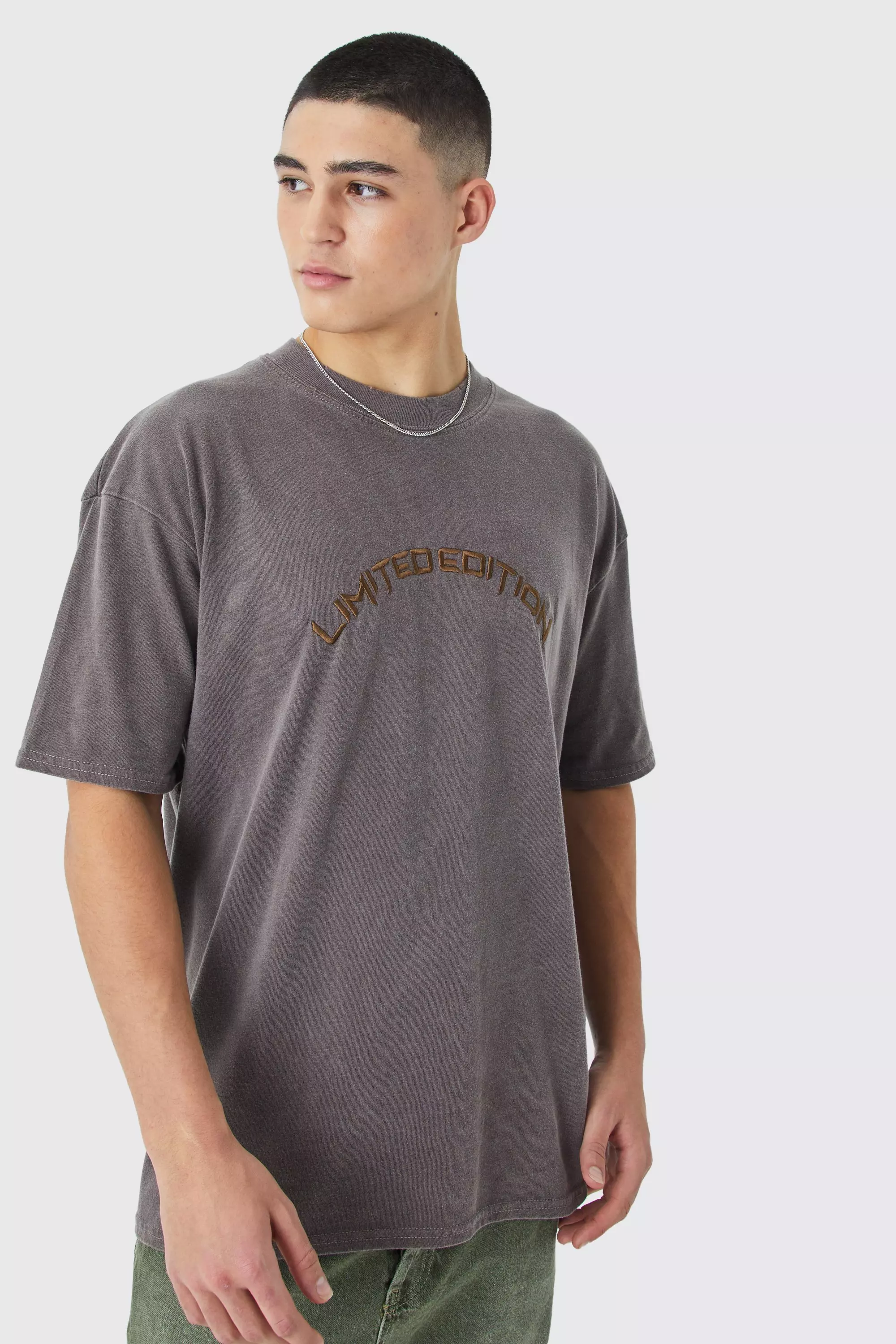 Chocolate Brown Oversized Distressed Washed Embroidered T-shirt