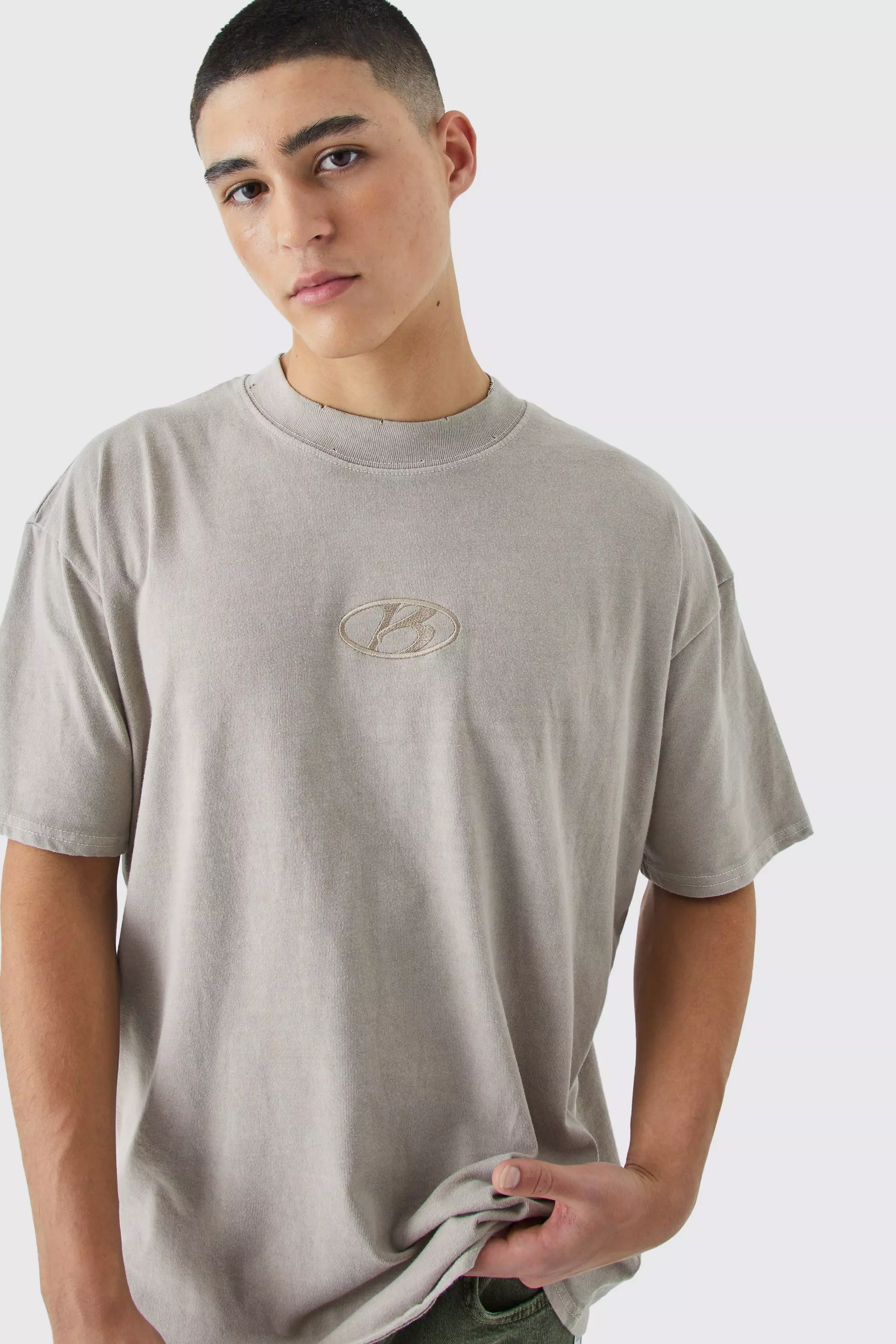 Taupe Beige Oversized Distressed Washed Embroidered T-shirt