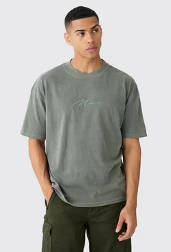Oversized Distressed Washed Embroidered T-shirt Khaki