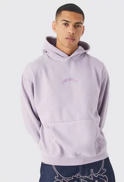 Oversized Washed Embroidered Hoodie Lilac