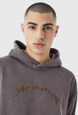 Oversized Washed Embroidered Hoodie Chocolate