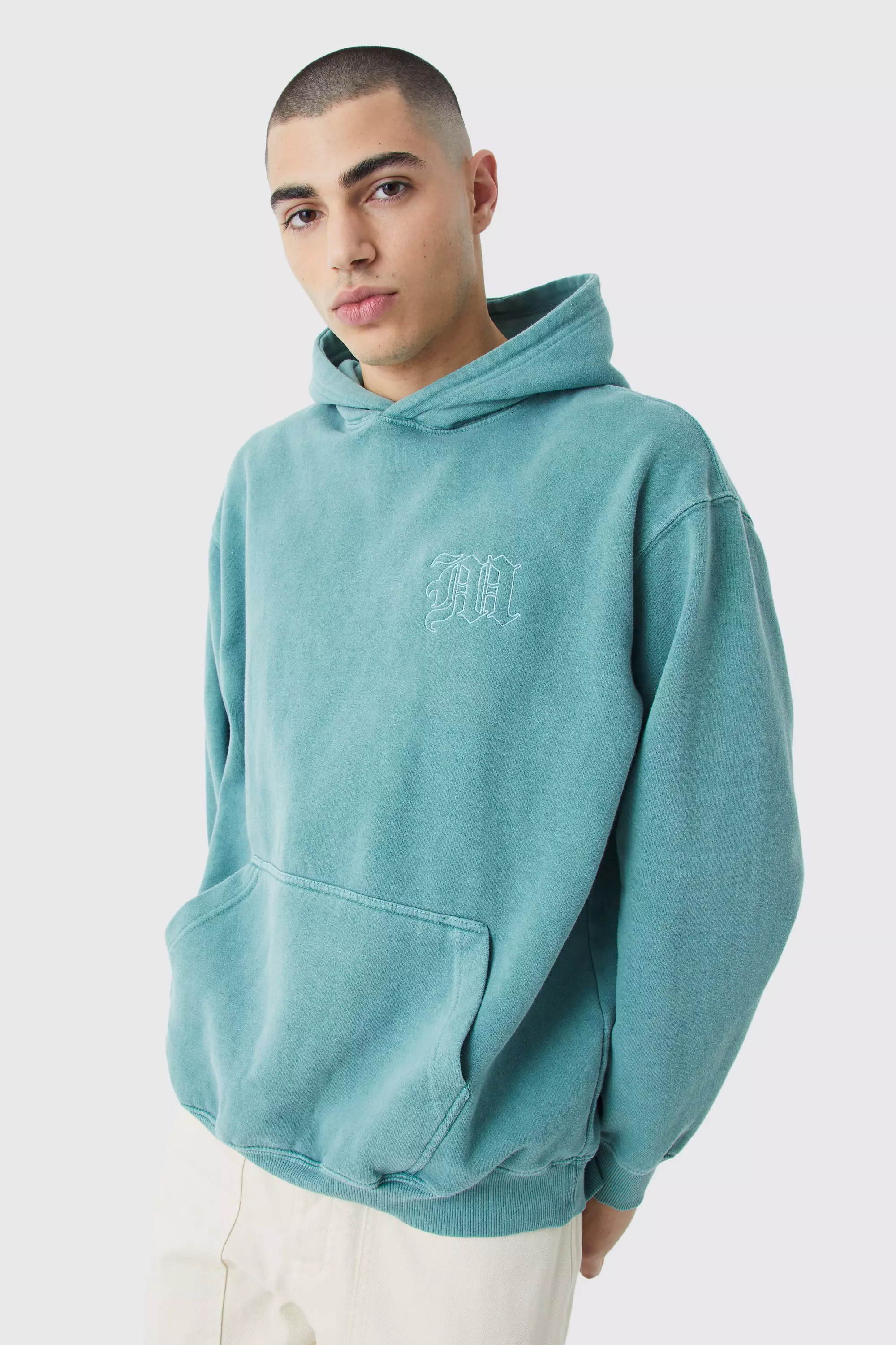 Sage Green Oversized Washed Embroidered Hoodie