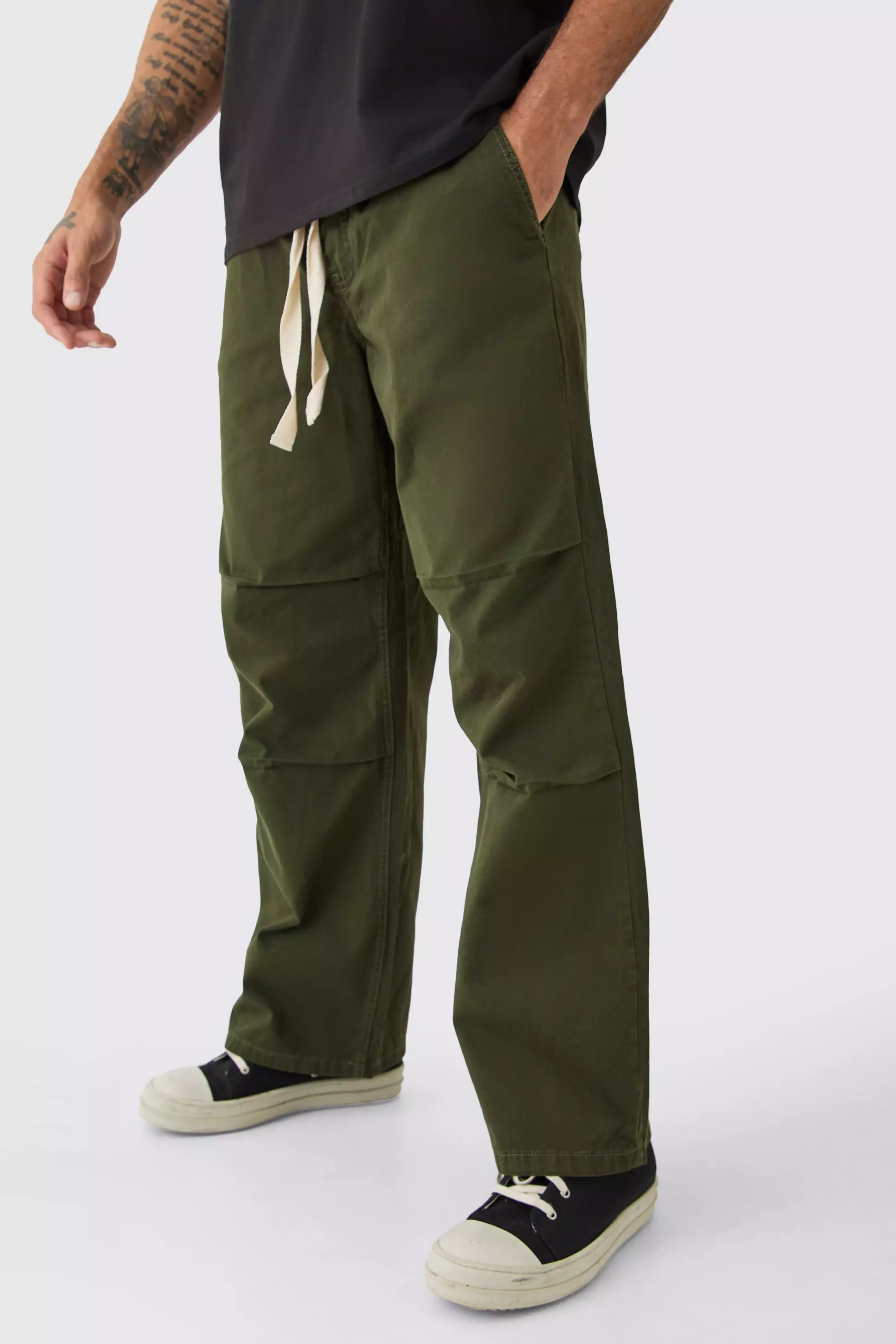 Elastic Waist Contrast Drawcord Extreme Baggy Trouser Khaki