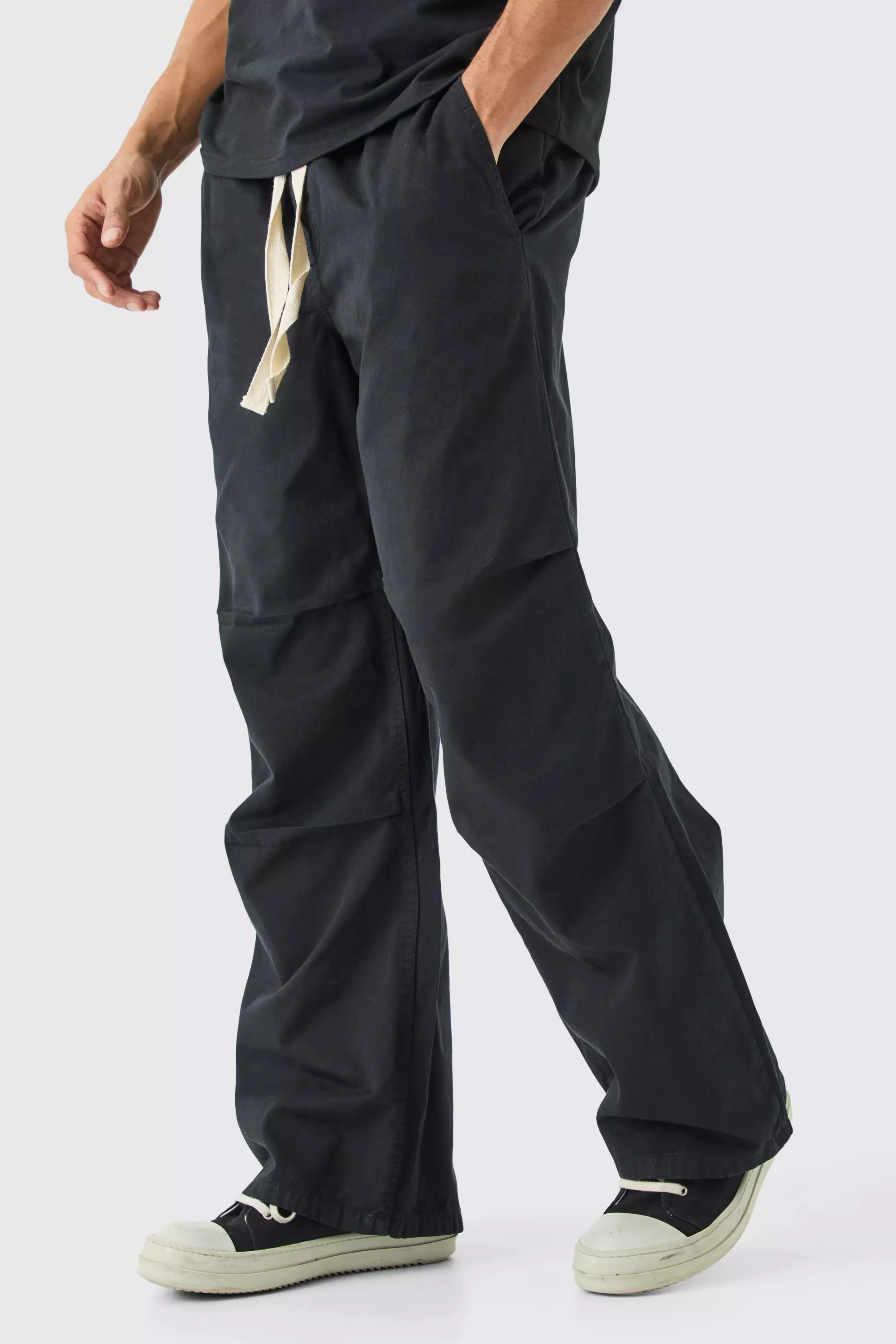 Elasticated Waist Contrast Drawcord Baggy Pants Black