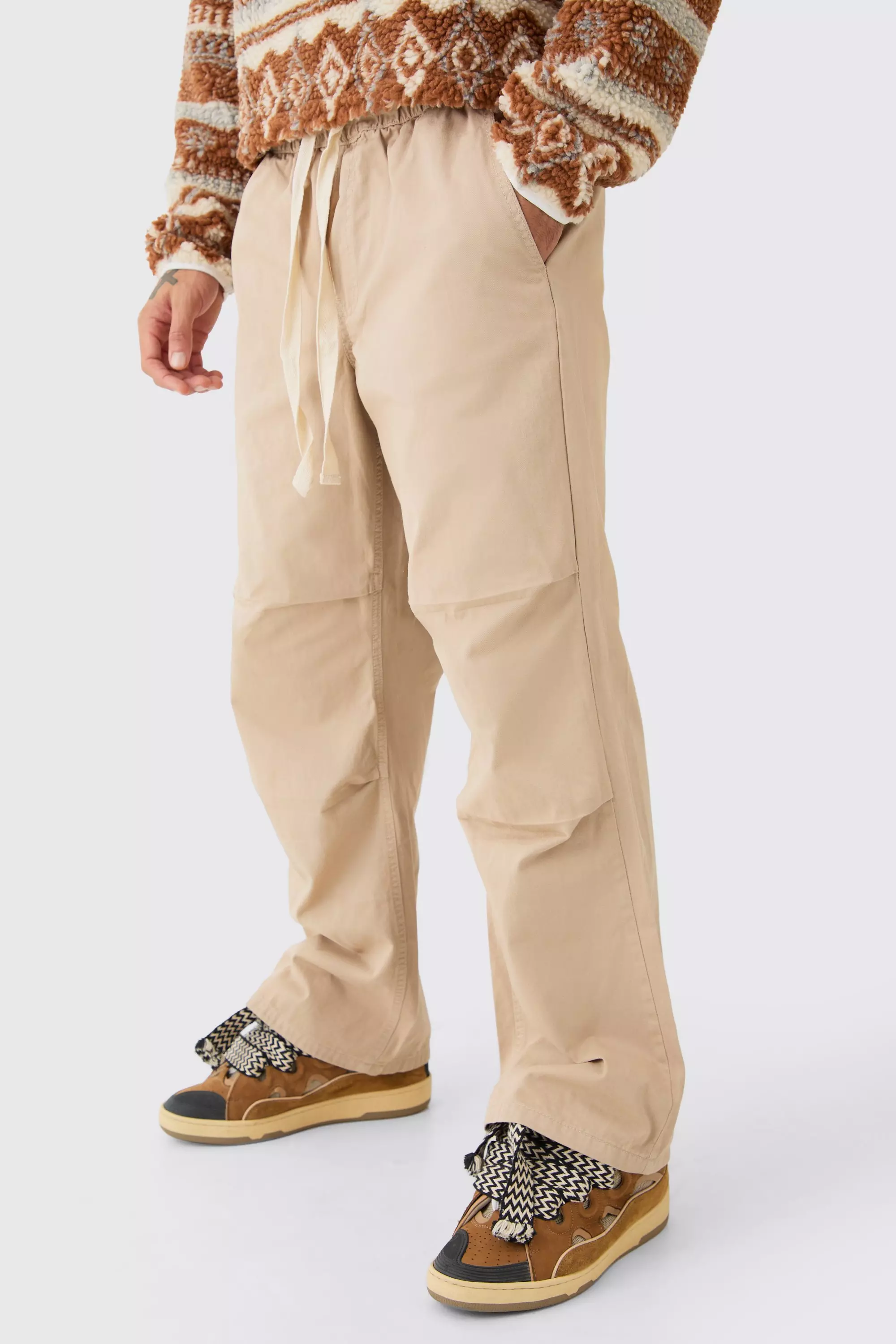 Stone Beige Elastic Waist Contrast Drawcord Extreme Baggy Trouser
