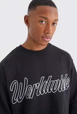 Oversized Worldwide Puff Print Sweatshirt Black