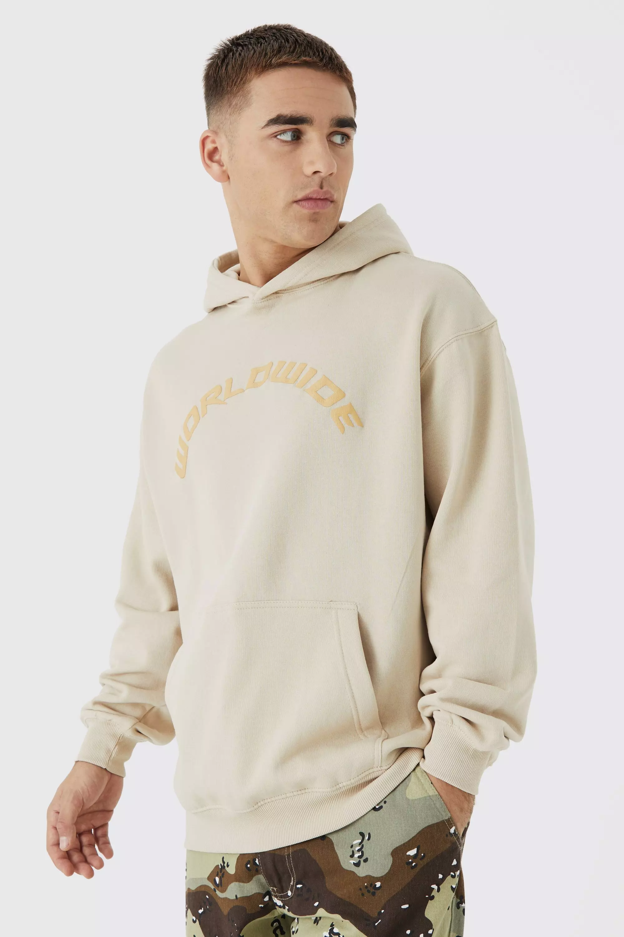 Oversized Puff Print Worldwide Hoodie Sand