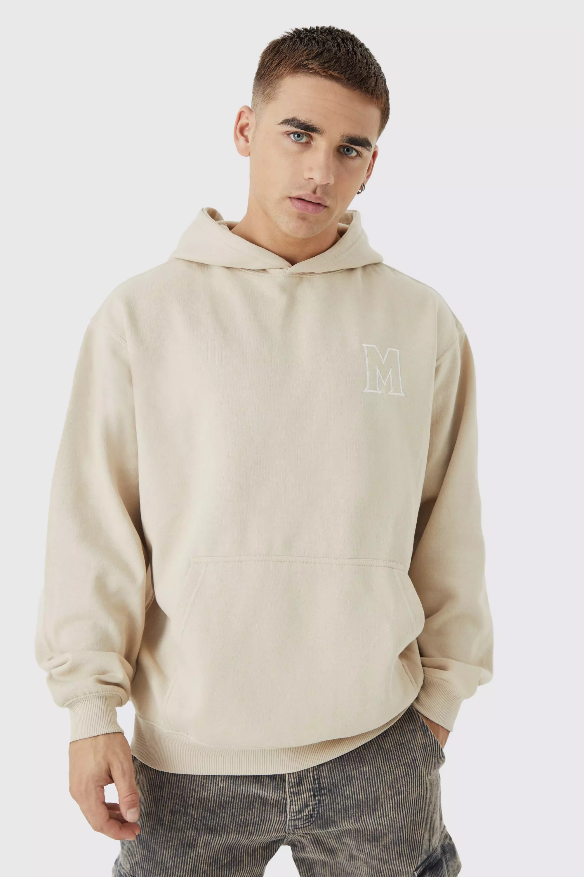 Sand Beige Oversized M Embroidered Hoodie