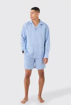 Satin Piping Shirt & Lounge Short Set Blue