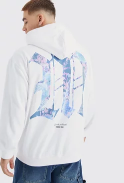 White Oversized M Floral Graphic Hoodie