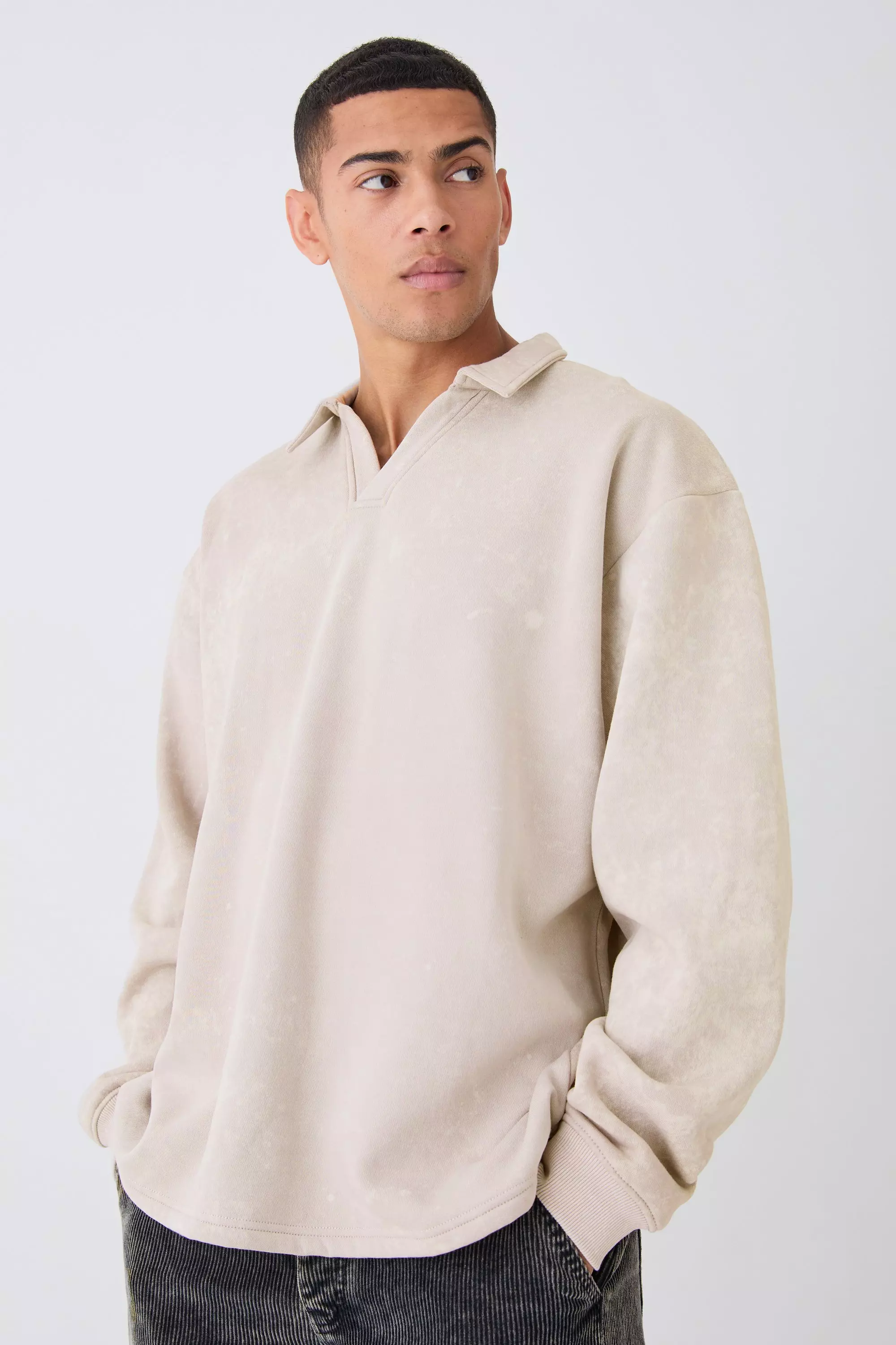 Stone Oversized Washed Revere Rugby Sweatshirt Polo alternative image
