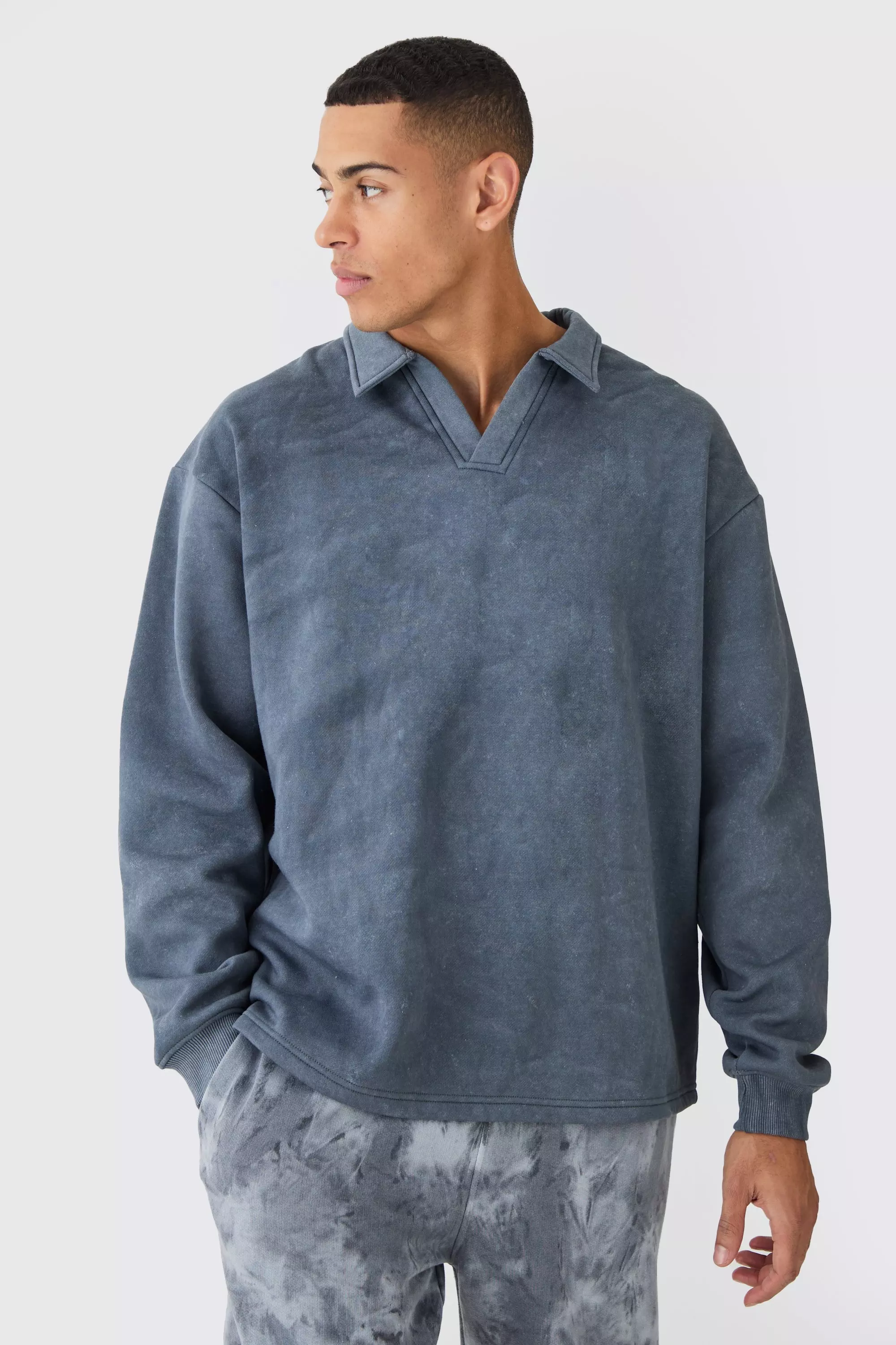 Oversized Washed Revere Rugby Sweatshirt Polo Charcoal