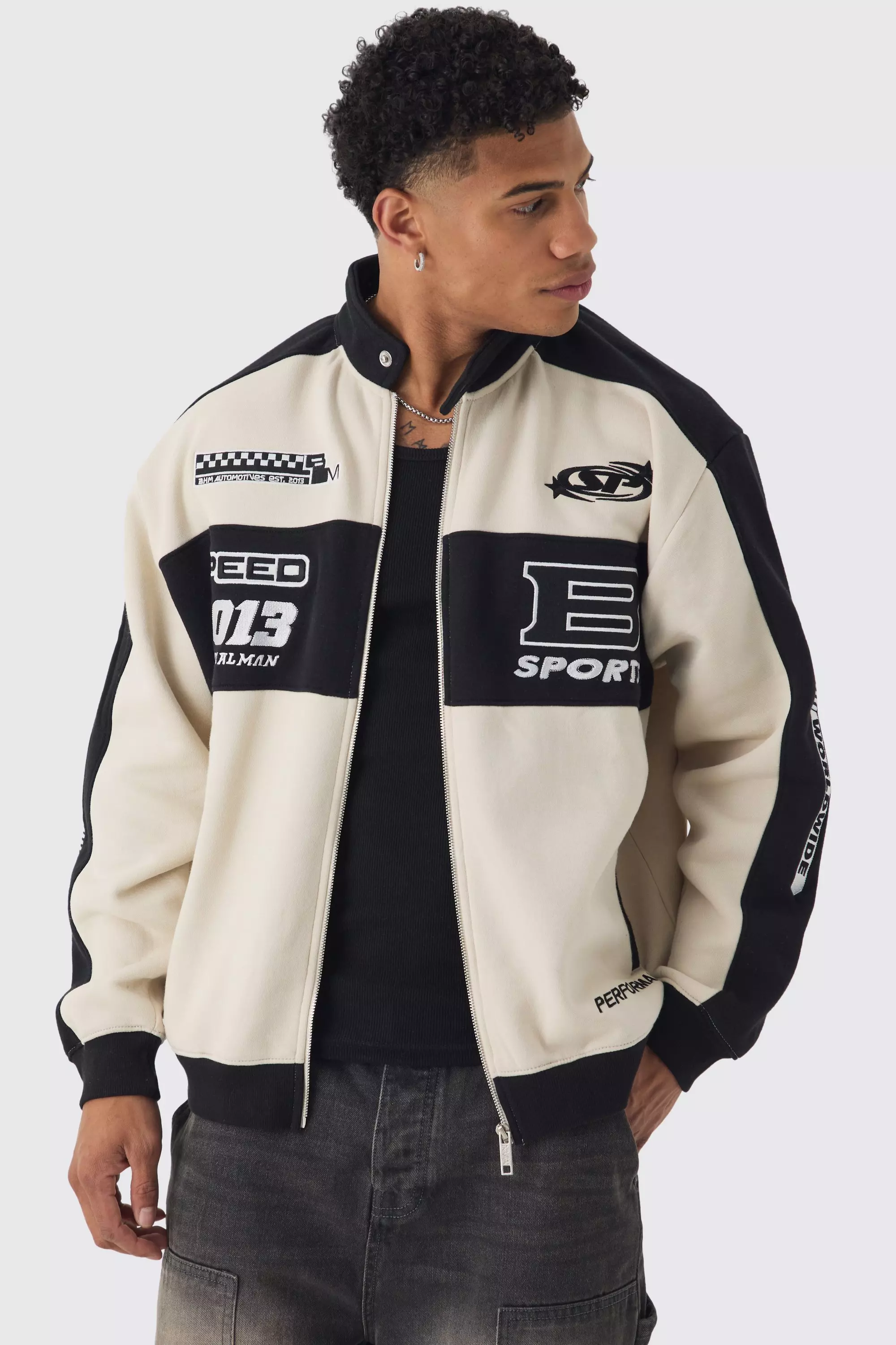 Oversized Jersey Moto Collar Bomber Jacket Stone