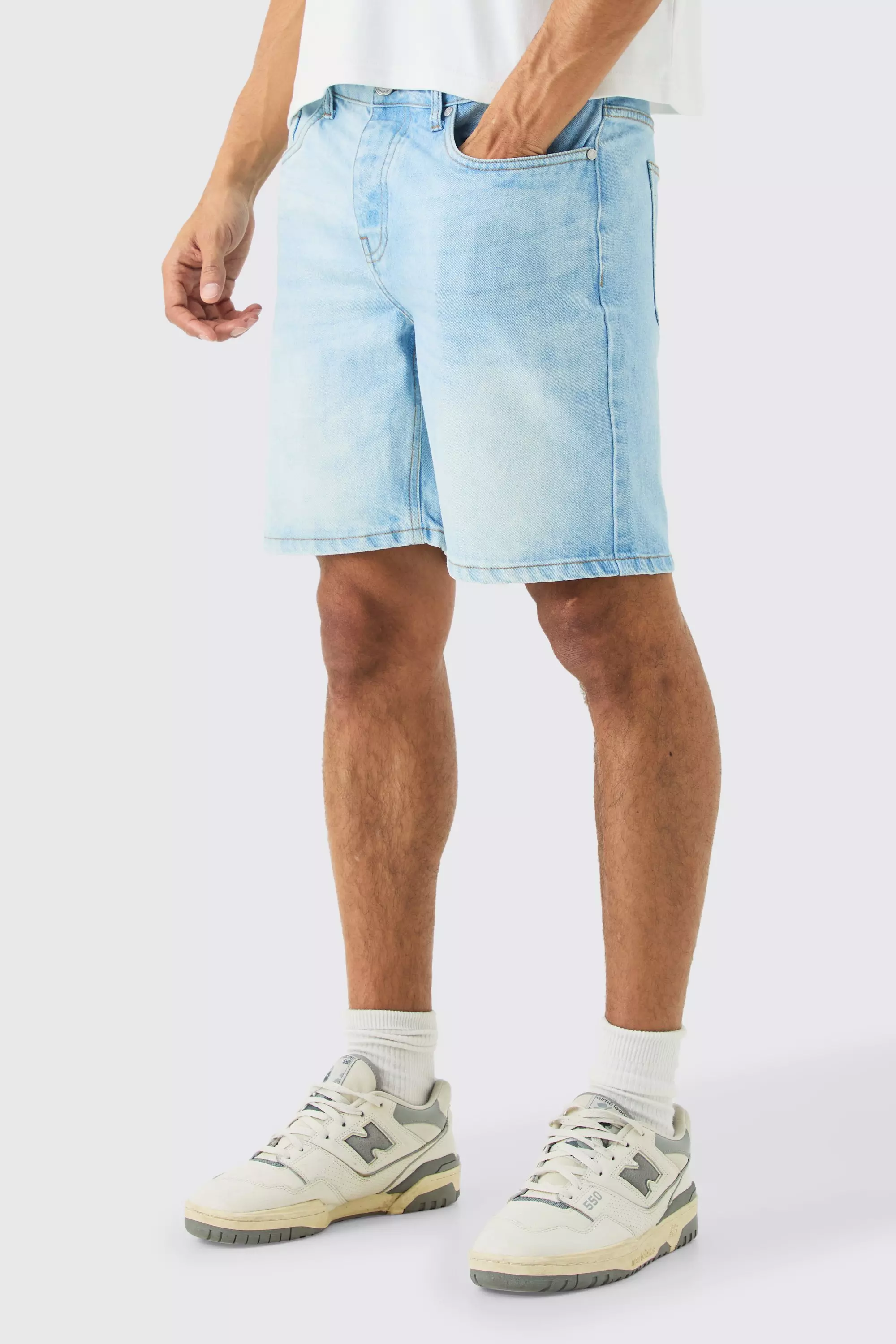 Brown Slim Rigid Denim Shorts In Light Blue