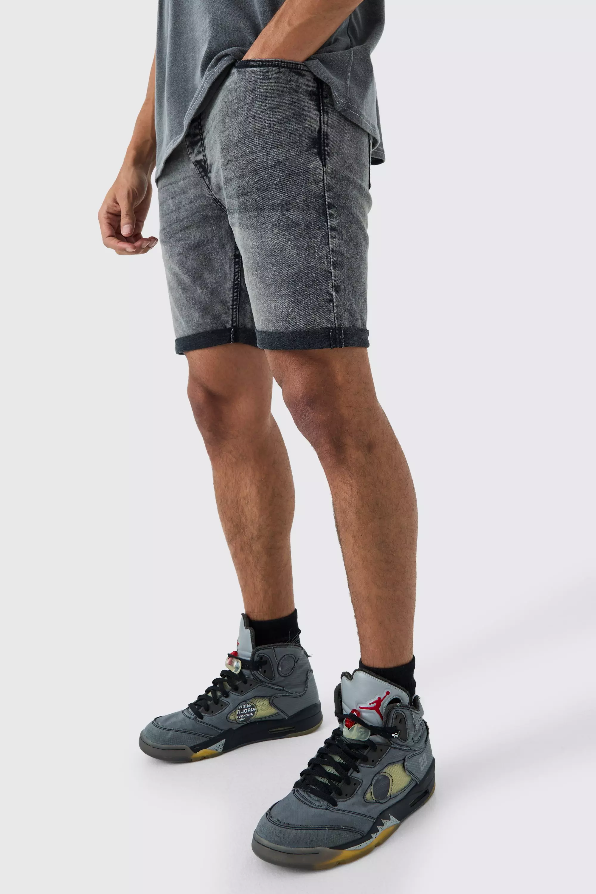 Skinny Stretch Denim Shorts In Charcoal Charcoal