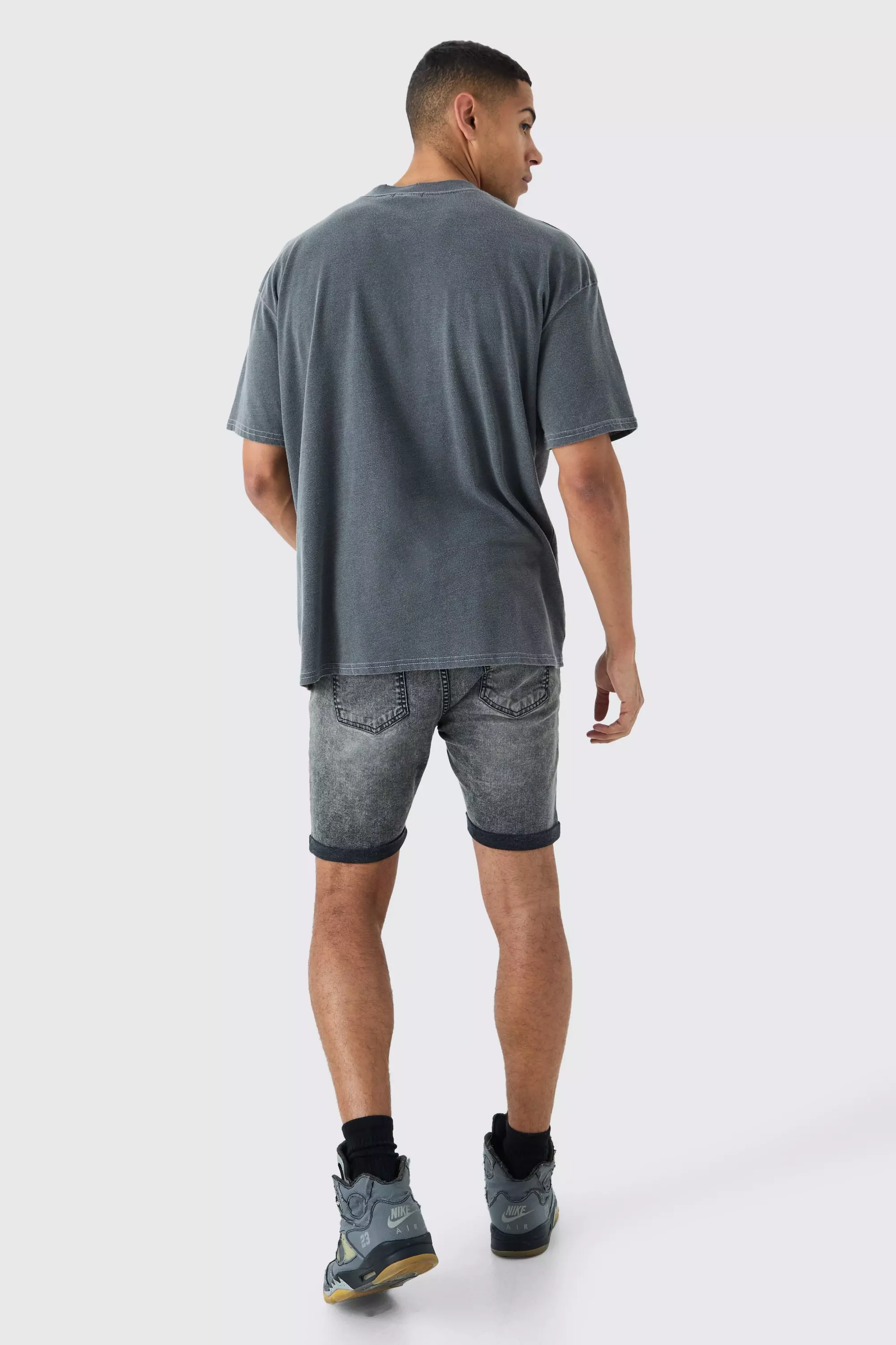 Skinny Stretch Denim Shorts In Charcoal | boohooMAN USA