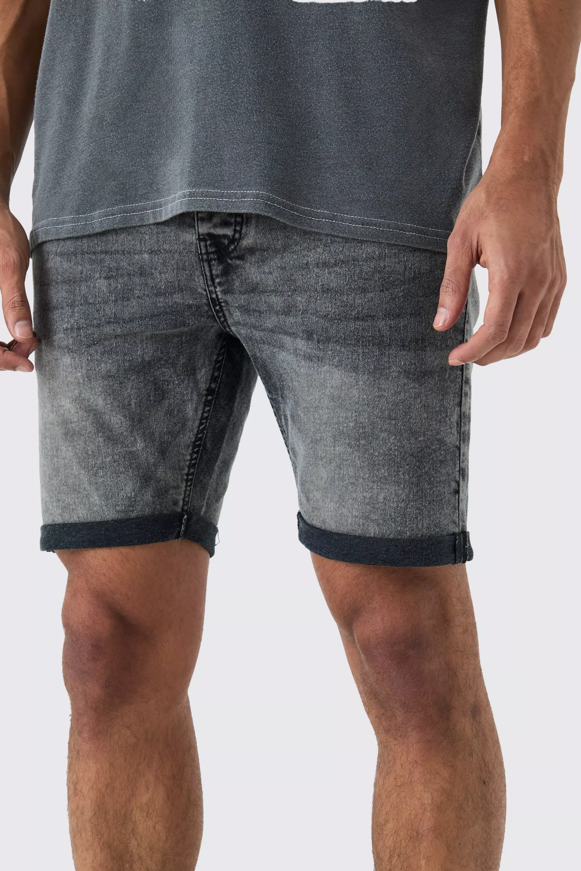 Skinny Stretch Denim Shorts In Charcoal | boohooMAN USA