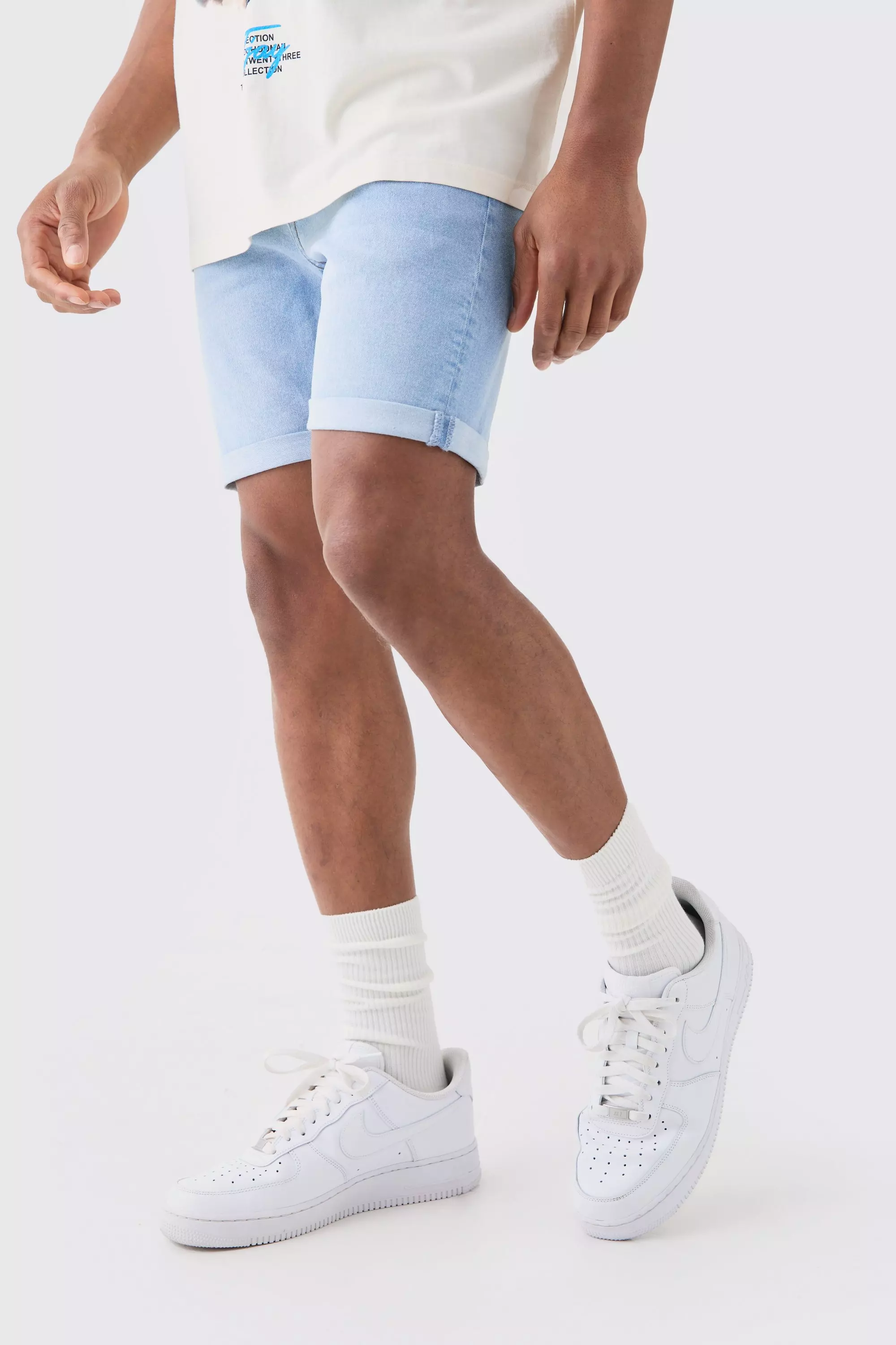 Brown Skinny Stretch Denim Shorts In Light Blue