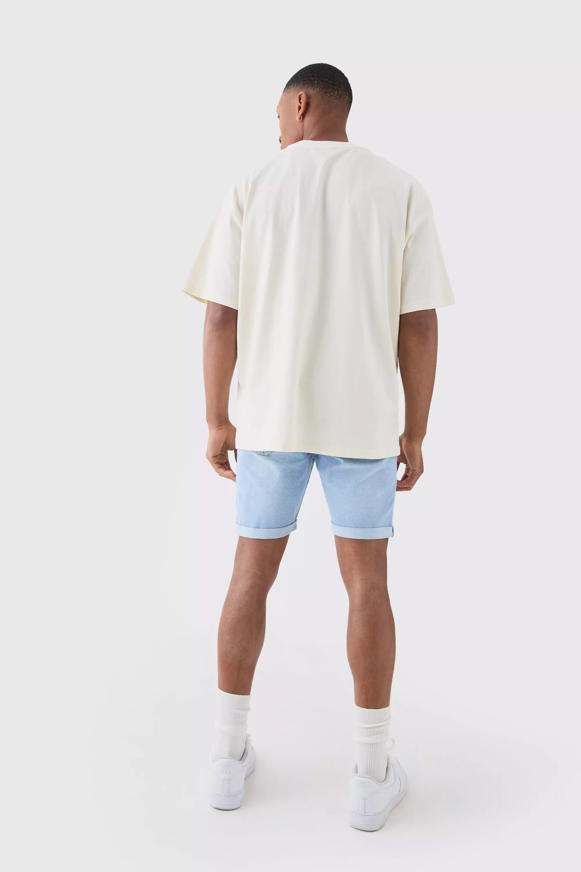 Skinny Stretch Denim Shorts In Light Blue | boohooMAN USA