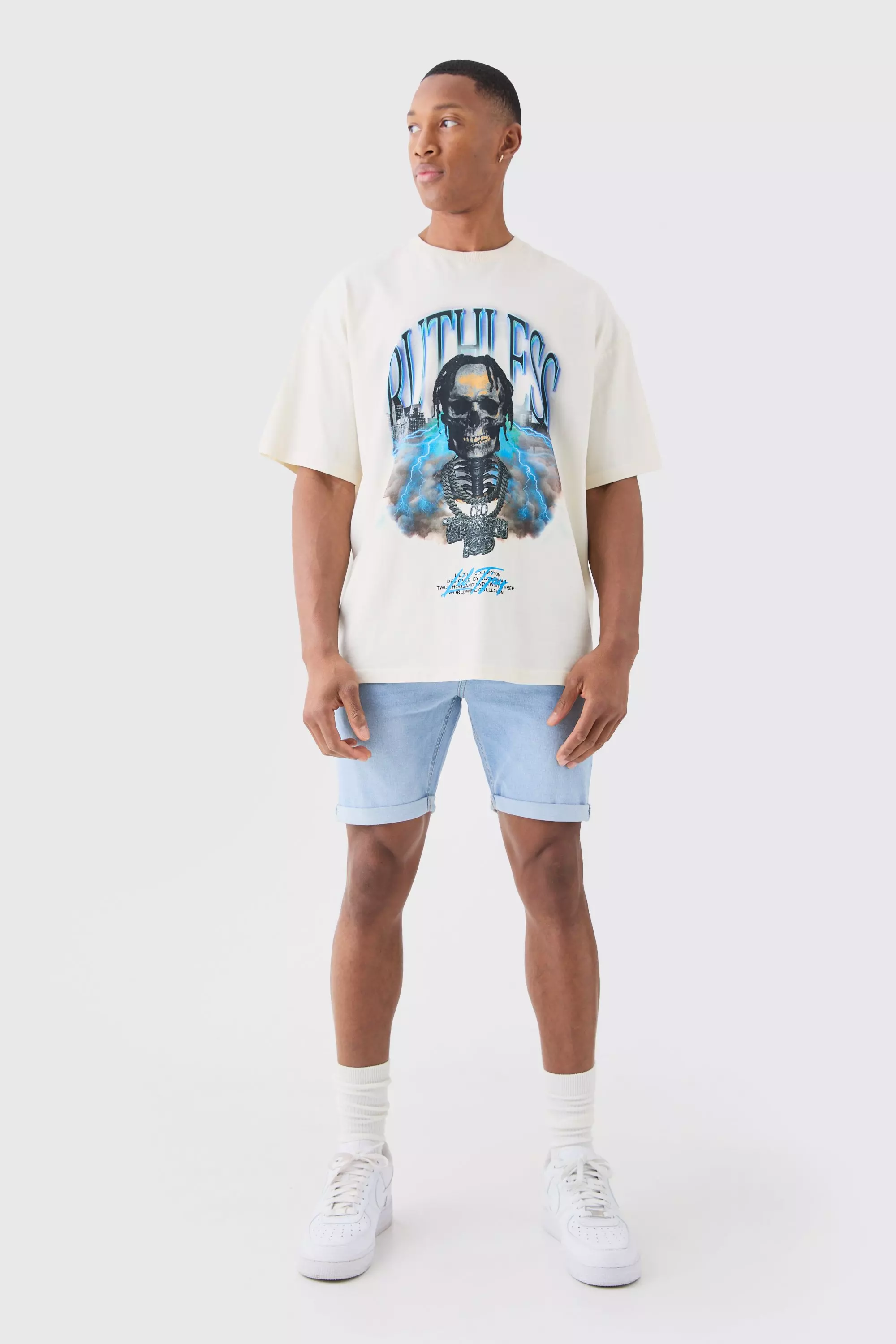 Skinny Stretch Denim Shorts In Light Blue | boohooMAN USA