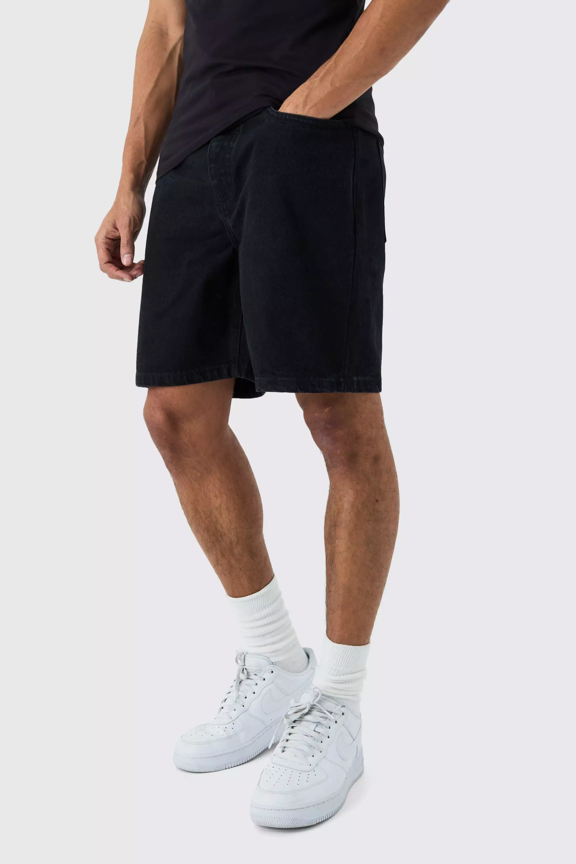 Relaxed Rigid Denim Shorts In Black | boohooMAN USA