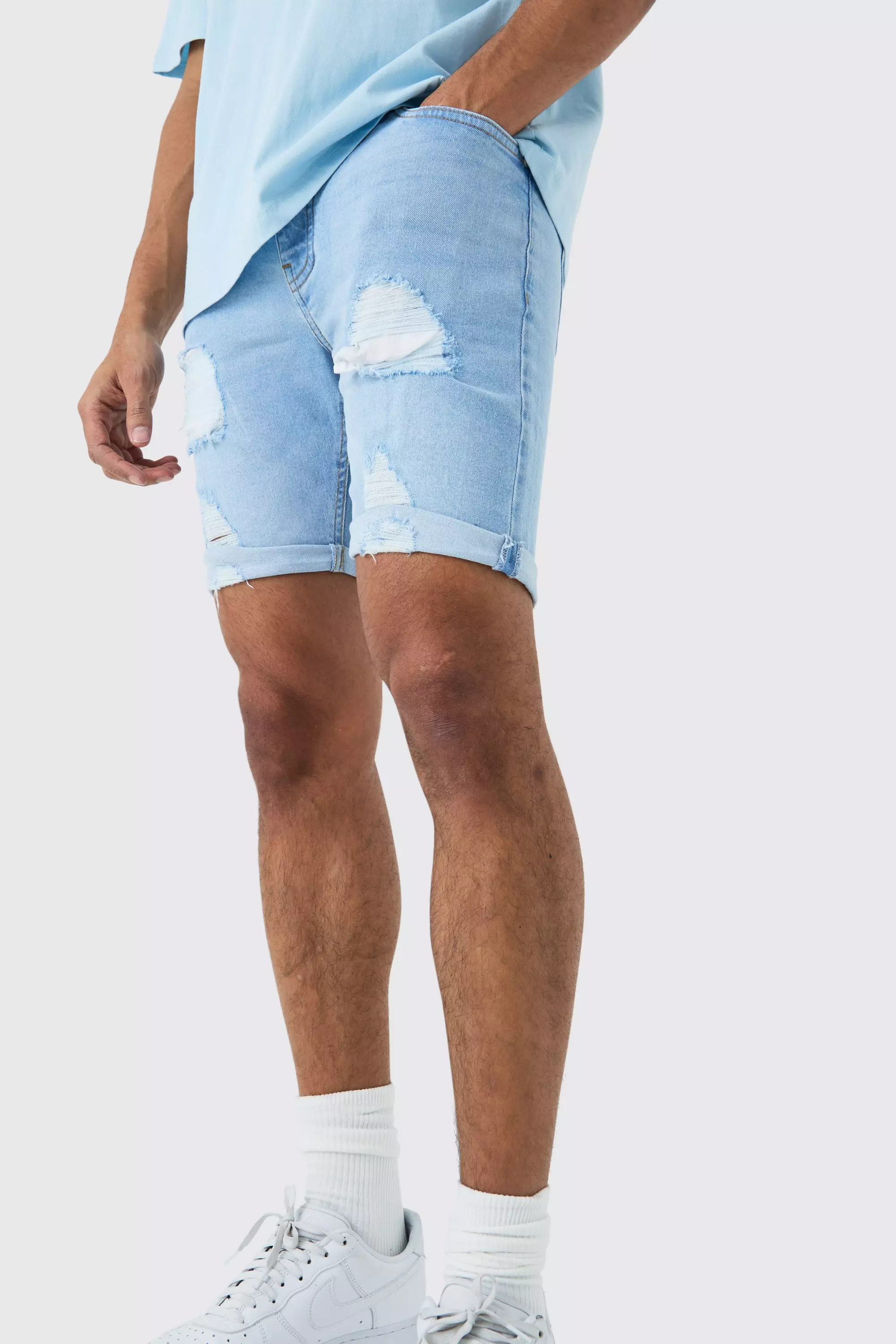 Skinny Stretch Distressed Denim Shorts In Light Blue | boohooMAN USA