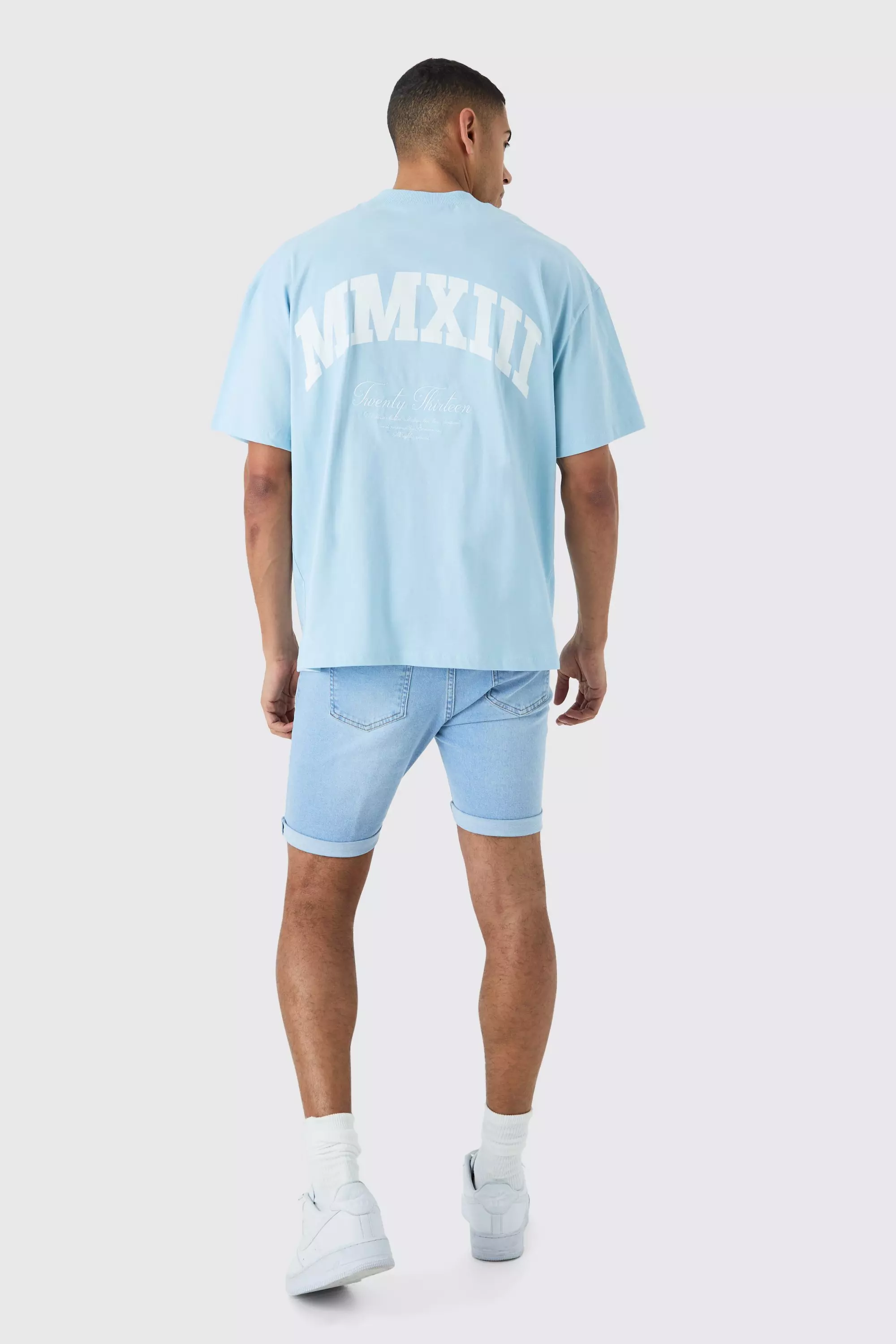 Skinny Stretch Distressed Denim Shorts In Light Blue | boohooMAN USA