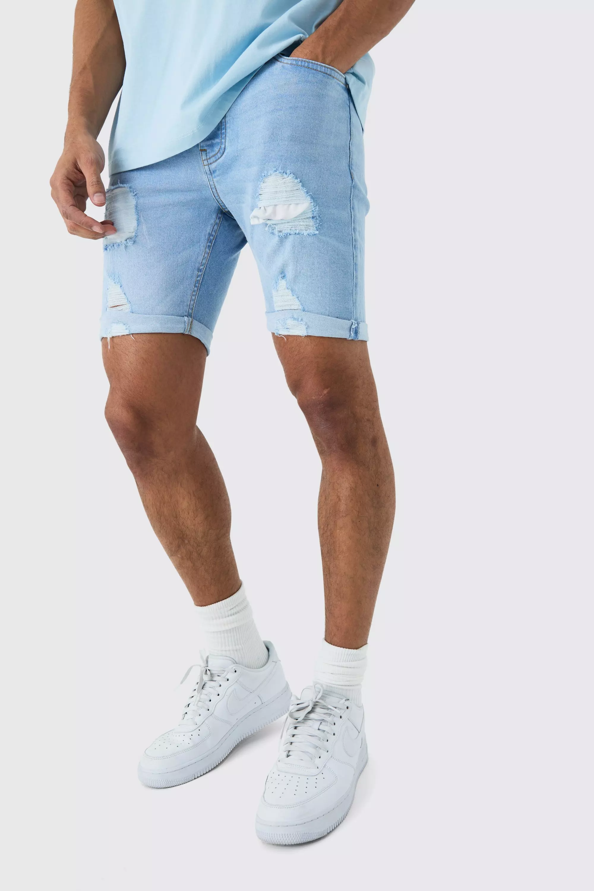 Skinny Stretch Distressed Denim Shorts In Light Blue | boohooMAN USA