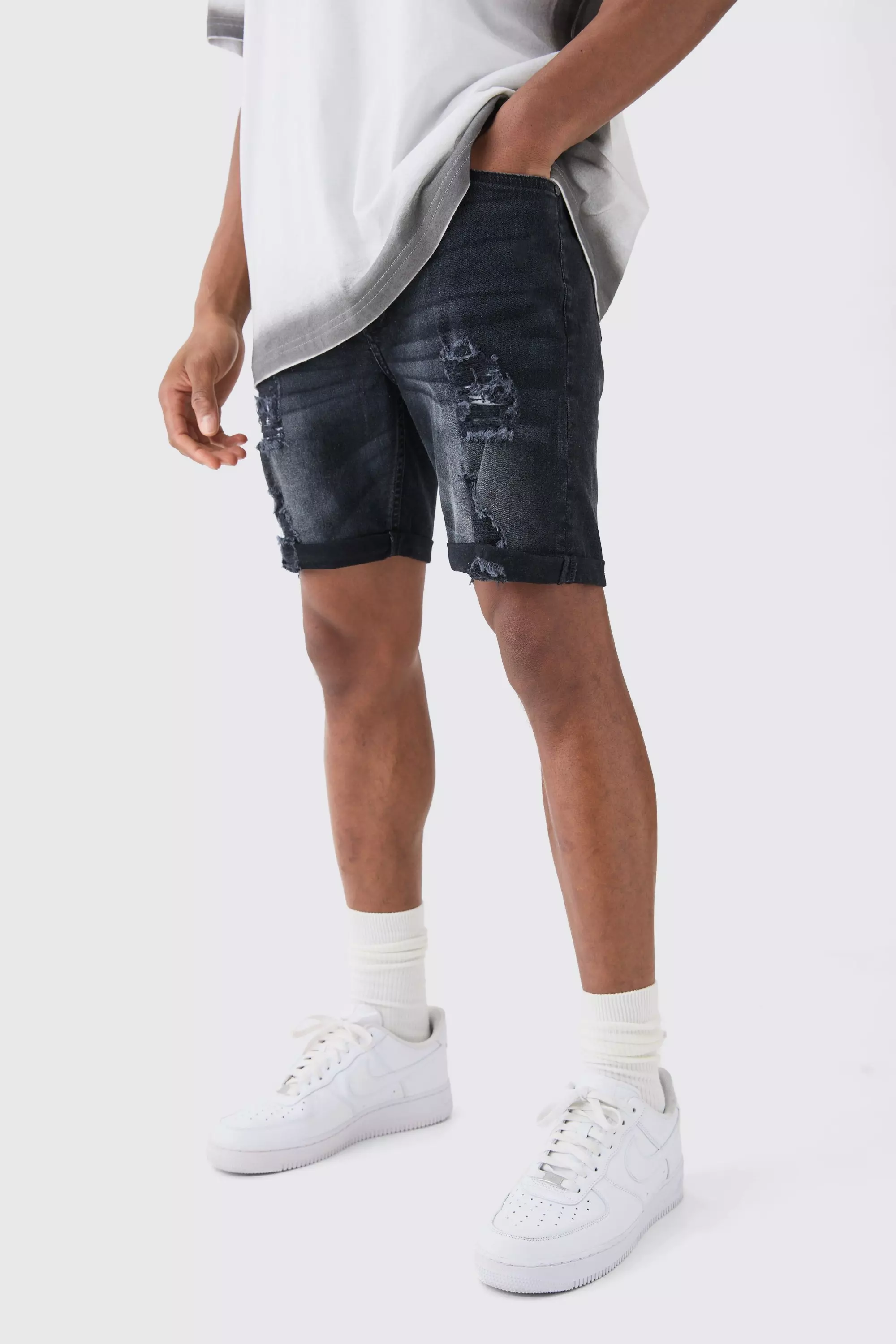 Grey Skinny Stretch Distressed Denim Shorts In Washed Black