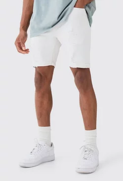 White Skinny Stretch Distressed Denim Shorts In White