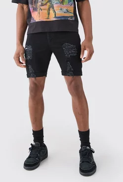 Black Skinny Stretch Distressed Denim Shorts In Black