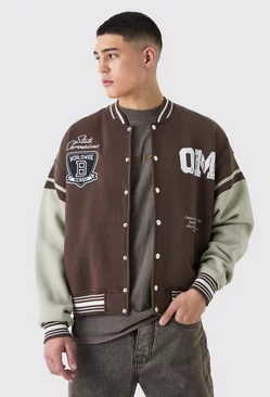 Brown Boxy Embroidered Jersey Varsity Jacket