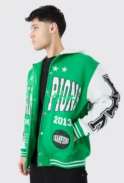 Oversized Applique Basketball Jersey Varsity Jacket Green