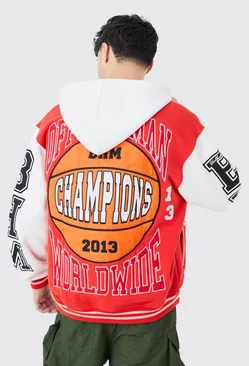 Red Oversized Applique Basketball Jersey Varsity Jacket