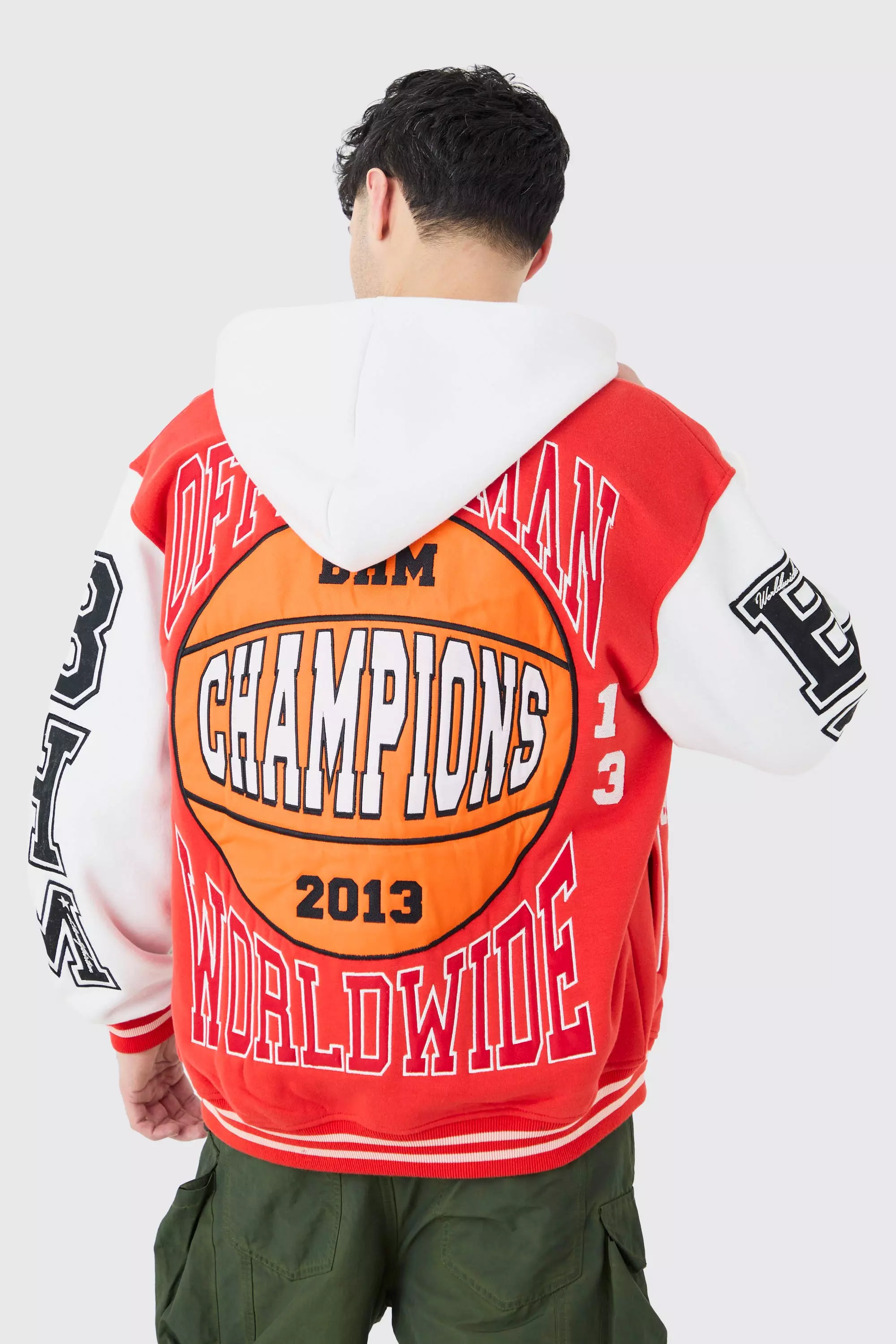 Oversized Applique Basketball Jersey Varsity Jacket Red