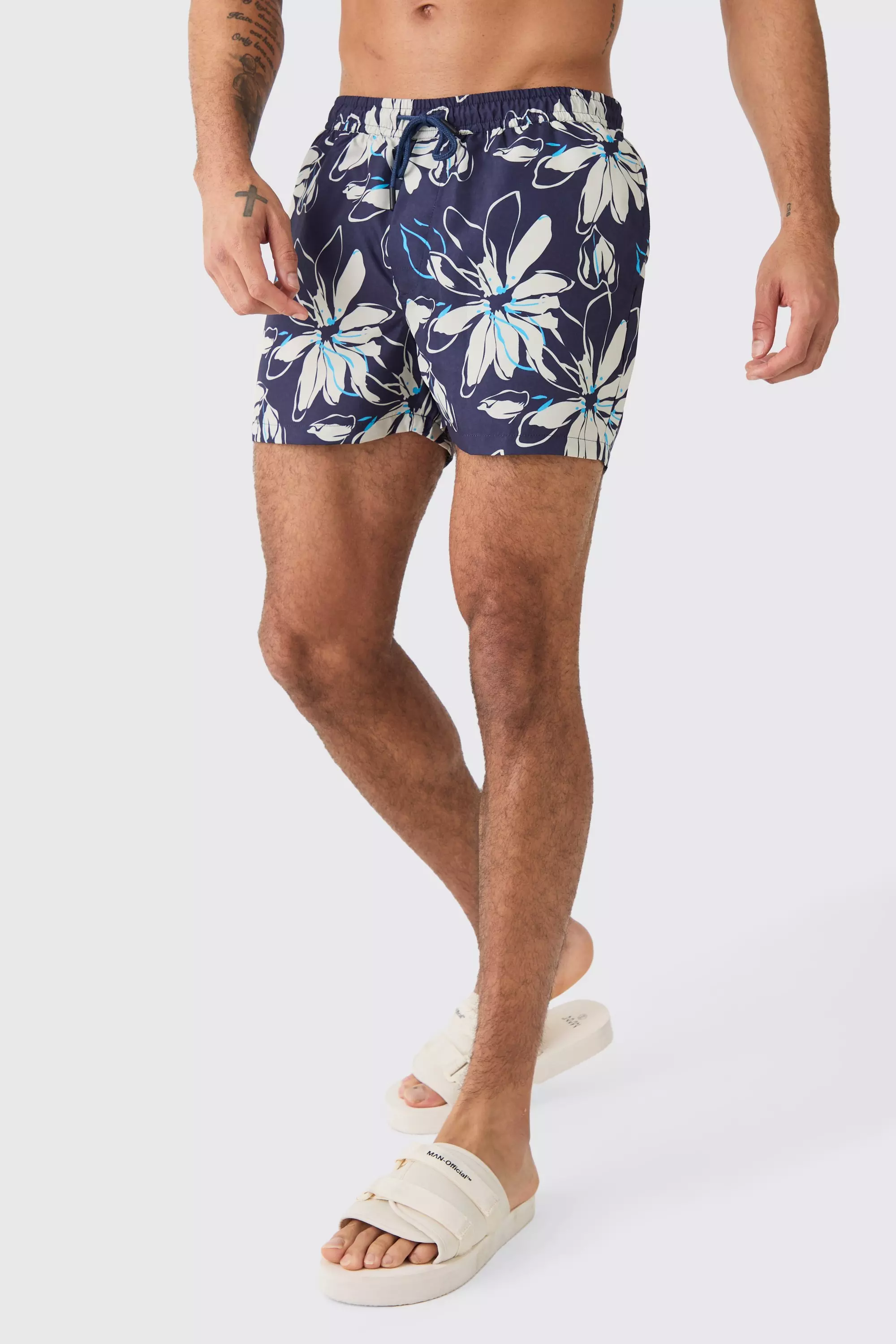 Short Length Flower Swim Trunks Navy