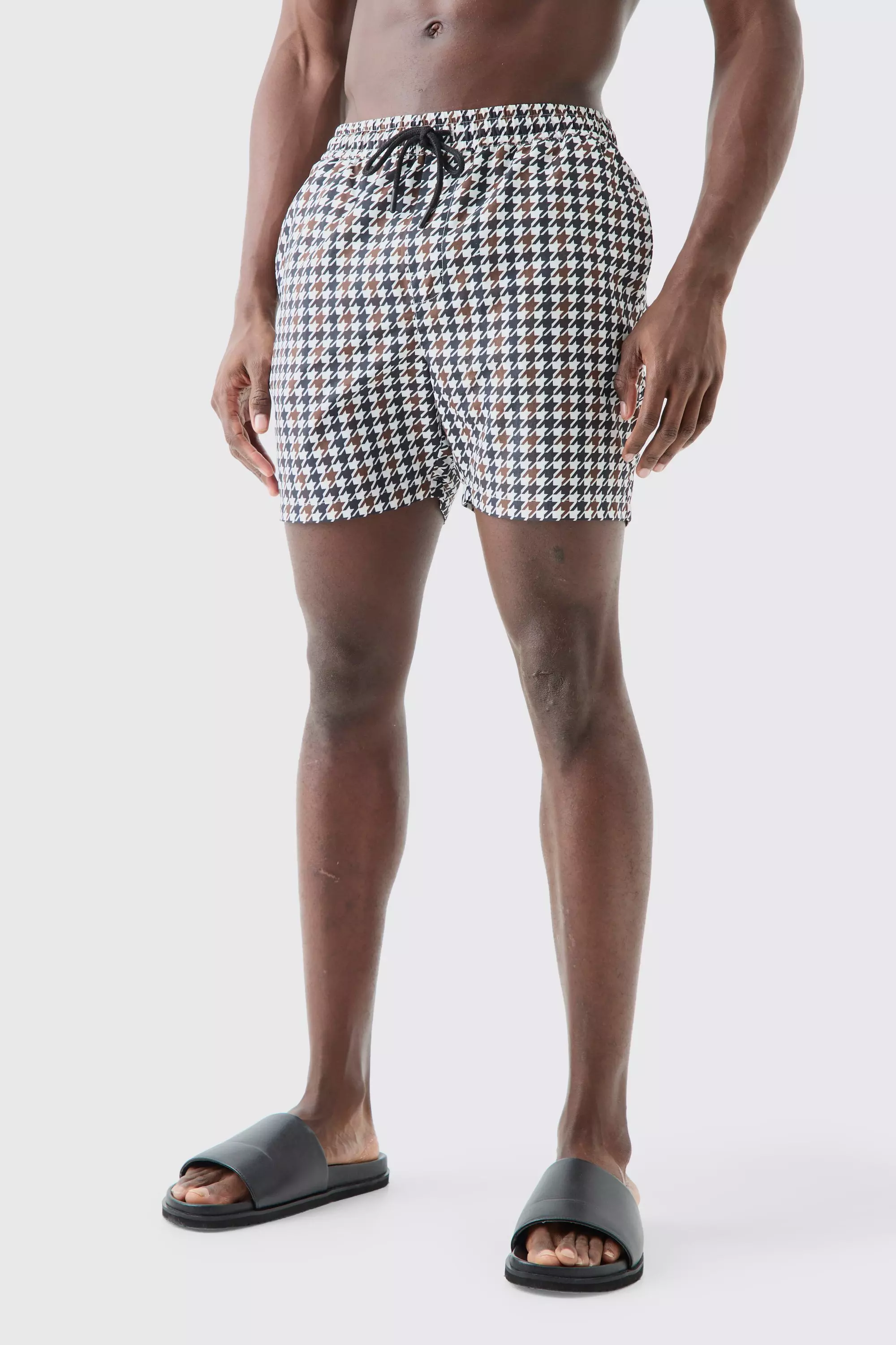 Mid Length Dogstooth Swim Trunks Brown