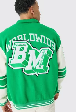 Green Oversized Embroidered Harrington Jersey Bomber Jacket