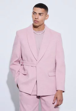 Pink Melton Wool Oversized Strap Detail Blazer
