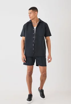 Black Bonded Scuba Oversized Shirt And Short Set