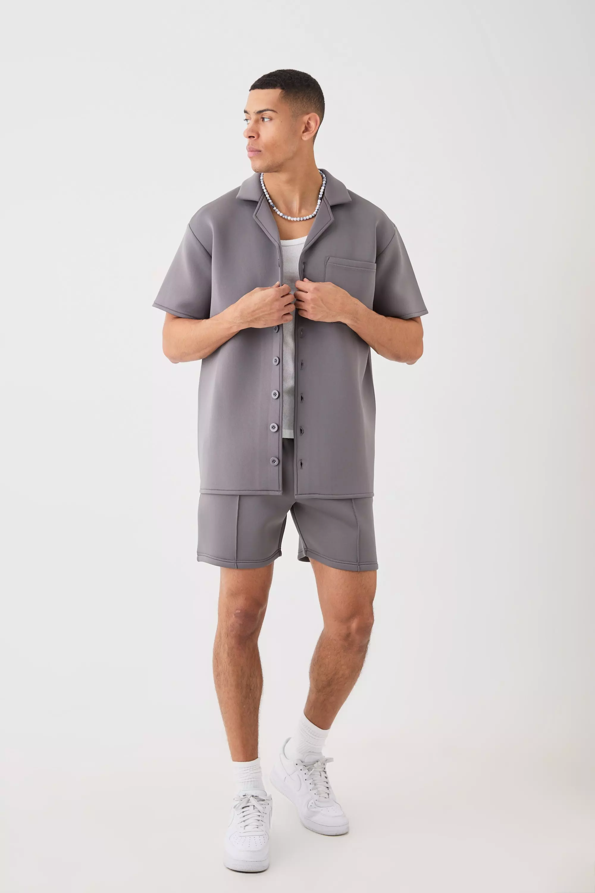 Bonded Scuba Oversized Shirt And Short Set Charcoal