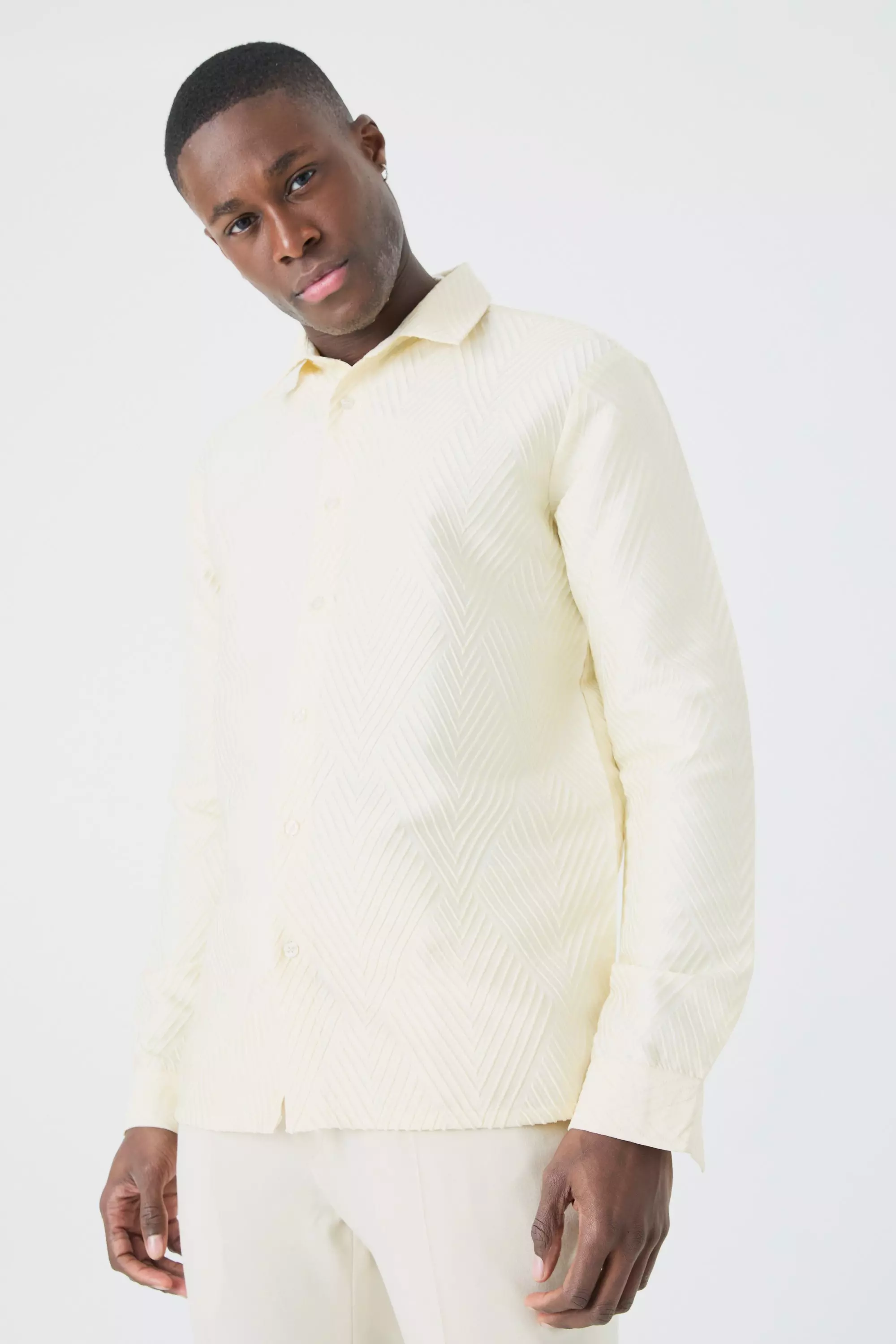 White Long Sleeve Diamond Textured Shirt