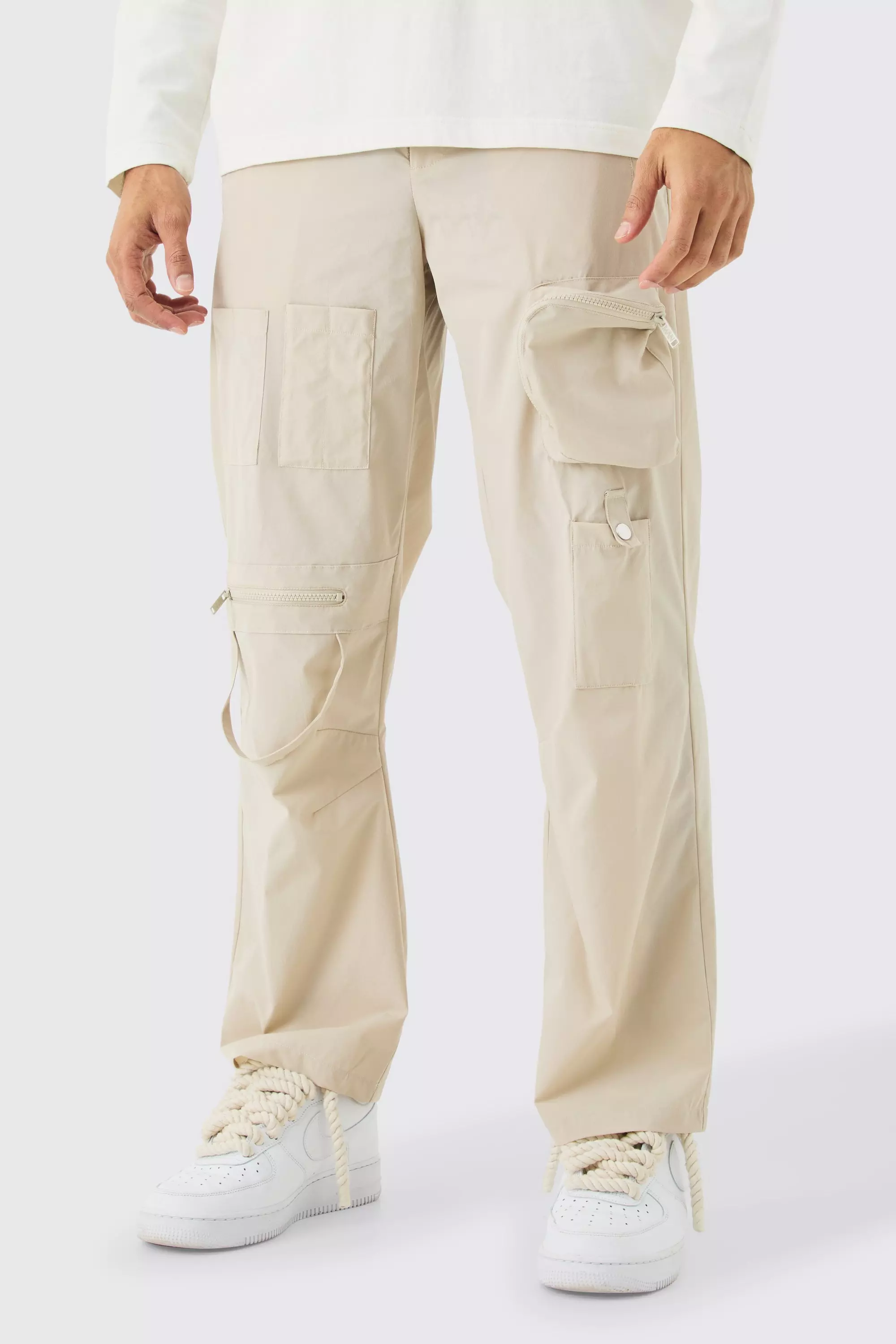 Fixed Waist Relaxed Multi Pocket Cargos Stone