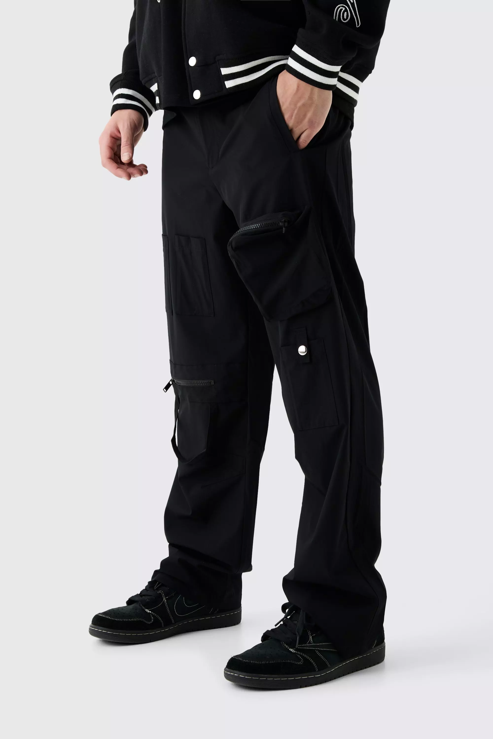 Black Fixed Waist Relaxed Multi Pocket Cargos